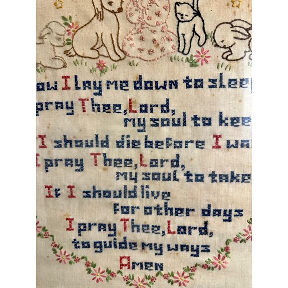 Cross Stitch 1940s Vintage Christian  Prayer for Children Antique Glass Framed - Picture 3 of 10